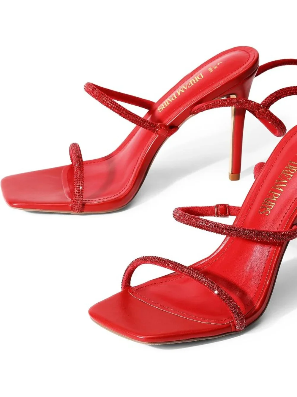 Women's Red Strappy Stilettos Gladiator Sexy Square Toe Open Toe Pump Sandals